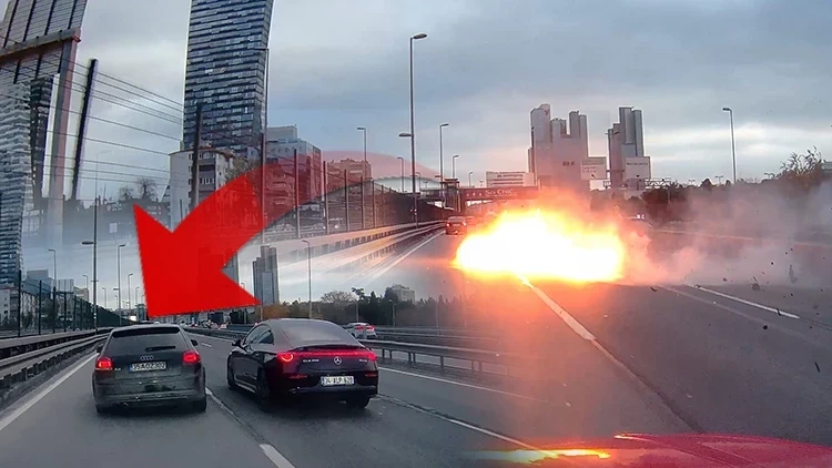 D-100'de makas atan otomobil bariyere çarptı, alev alev yandı