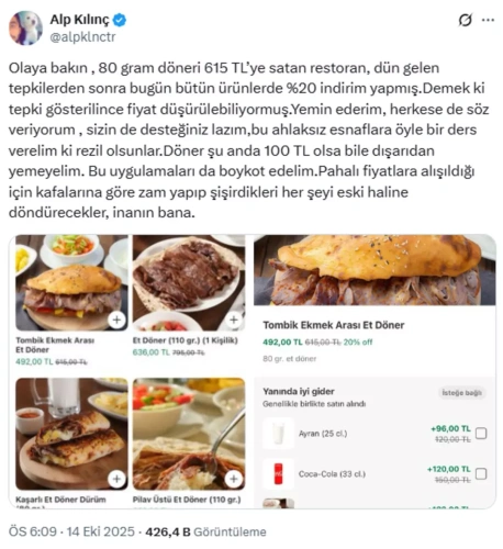 Fahiş döner fiyatı sosyal medyayı karıştırdı: Restoran indirime gitti