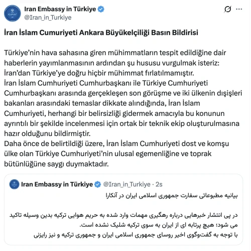 İran Büyükelçiliği'nden inkar: Türkiye'ye tek mühimmat bile atmadık