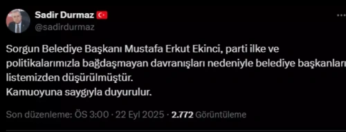 Sorgun Belediye Başkanı Ekinci MHP’den istifa etti