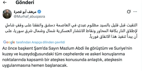 Suriye Savunma Bakanı: Mazlum Abdi ile ateşkes anlaşması imzalandı
